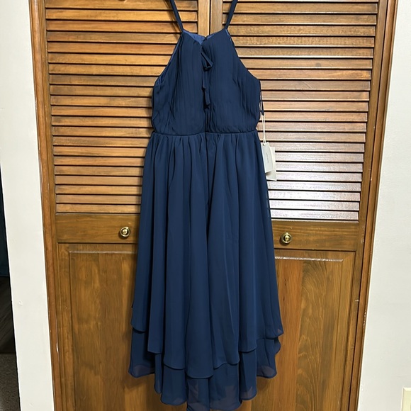 NWT Asymmetrical Chiffon Jr Bridesmaid Navy Dress Halter Spaghetti Straps Size 8 - Picture 5 of 16
